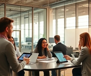 dynamic media strategy, analytical insight, mapping solutions, photorealistic, an open-plan office with glass walls and digital tablets in use, highly detailed, employees collaborating and brainstorming ideas, pinpoint sharpness, warm earthy colors, diffused lighting, shot with a 28mm lens.