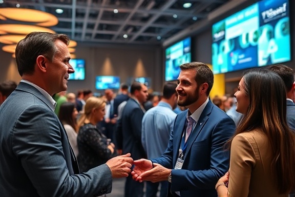 connected media professional, engaged demeanor, networking at a conference, photorealistic, bustling hall with presentation screens and attendees in professional attire, highly detailed, exchanging business cards and shaking hands, vivid tones, overhead spotlighting, shot with a 85mm lens.