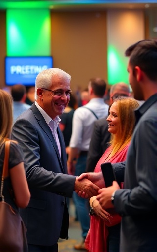 trust-building marketing guru, approachable, engaging, photorealistic, lively networking event with diverse people, highly detailed, handshake moments captured, vibrant spectrum, bright ambient glow, shot with a 70mm lens.