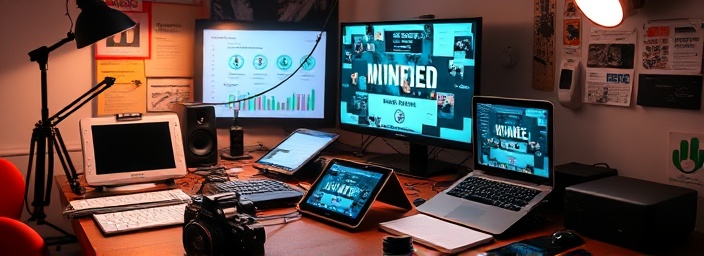 compelling content media, storytelling with impact, crafting narratives, photorealistic, a creative workspace surrounded by media tools, highly detailed, flowing content streams and digital pads, 6k resolution, warm colors, diffused lighting, shot with a wide-angle lens.