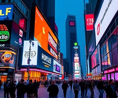 vibrant media visibility, enhancing brand presence, projecting influence, photorealistic, a digital billboard in a bustling cityscape, highly detailed, LED patterns and crowd interactions, 5k resolution, vivid colors, city lights, shot with a telephoto lens.