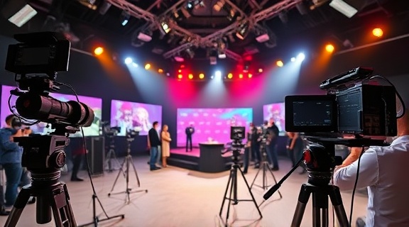 advanced media hub, collaborative expression, coordinating a live event, photorealistic, broadcast studio with advanced equipment, highly detailed, multiple camera angles, dynamic shot, bright colors, stage lighting, shot with a 16-35mm lens.