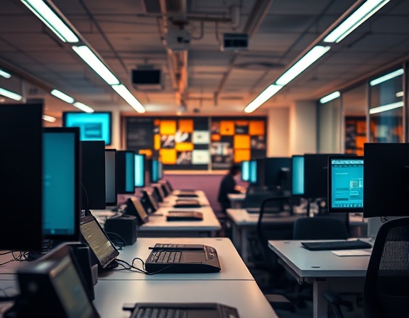 efficient content syndication, thoughtful expression, managing workflows, photorealistic, collaborative environment with ergonomic desks, highly detailed, digital network visualizations, macro shot, pastel palette, fluorescent lighting, shot with a 100mm lens.