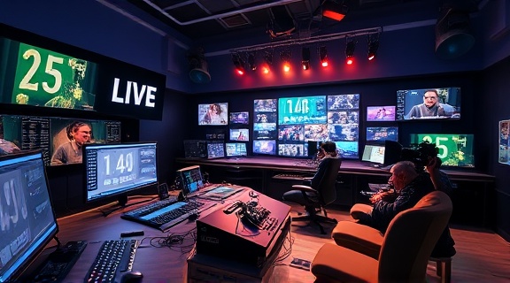 interactive media channel, connecting with audiences, broadcasting live, photorealistic, a high-tech control room with broadcast equipment, highly detailed, sound waves and media streams, 4k resolution, metallic colors, focused lighting, shot with a 24mm lens.