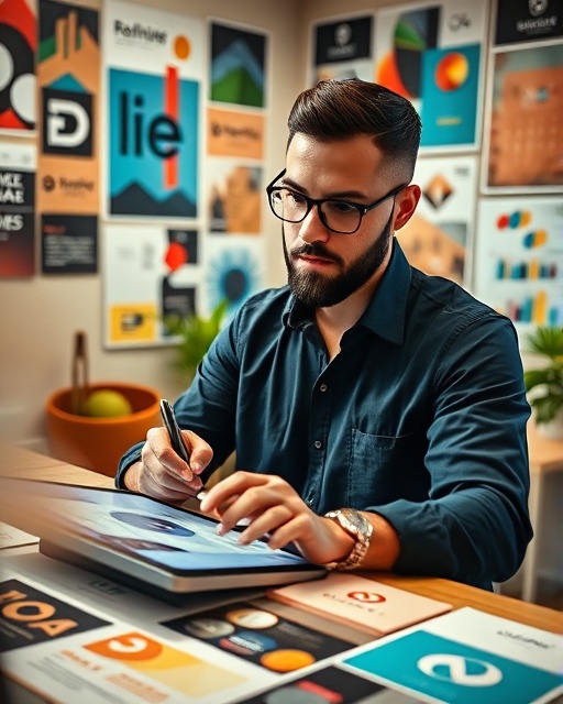 creative media branding expert, thoughtful expression, designing a logo concept, photorealistic, stylish workspace filled with colorful branding materials and mood boards, highly detailed, hands holding a graphic tablet stylus, smooth bokeh, warm ambient lighting, shot with a 35mm lens.