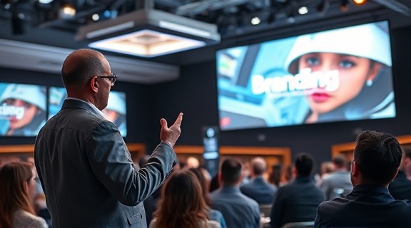 digital branding specialist, insightful, presenting, photorealistic, high-tech seminar room with futuristic displays, highly detailed, audience interaction, bold contrasts, dynamic stage lighting, shot with a 50mm lens.