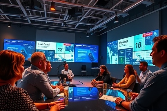 cutting-edge media hub, enthusiastic expression, brainstorming ideas, photorealistic, open-plan space with large screens, highly detailed, vibrant discussions, wide-angle shot, warm tones, ambient lighting, shot with a 24mm lens.