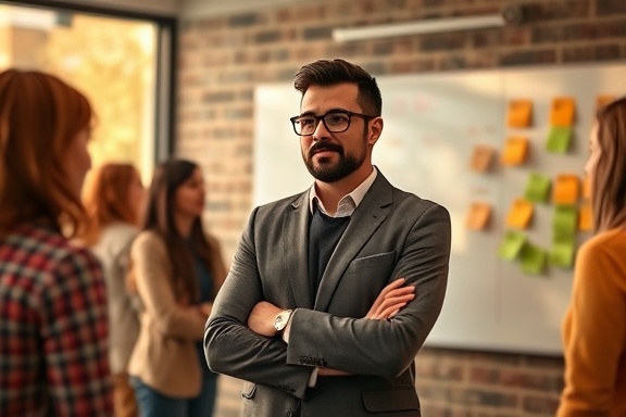 strategic planner, confident, crafting an integration plan, photorealistic, team meeting room with a whiteboard and sticky notes, highly detailed, interactive session with team brainstorming, warm autumn hues, soft ambient lighting, shot with a 24mm lens.