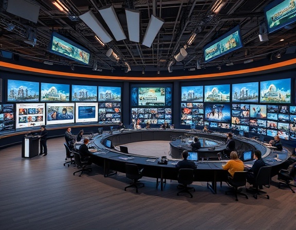 comprehensive mediachanneltimeline, chronological expression, depicting history, photorealistic, spacious newsroom background, highly detailed, animated events, HDR, neutral colors, ambient lighting, shot with a 24mm lens.