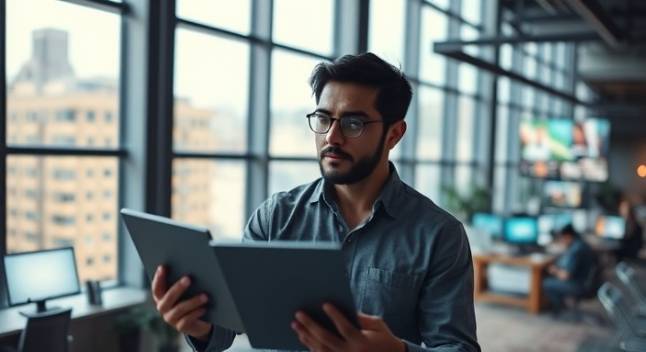 media specialist, focused, reviewing social media trends, photorealistic, urban loft with panoramic windows, highly detailed, digital screens glowing, prime lens, cool tones, natural light, shot with a zoom lens.