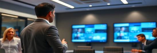 consultant media, attentive, presenting to a group, photorealistic, sleek conference room with presentation screens, highly detailed, confident posture, 85mm lens, vivid colors, soft spotlighting, shot with a wide-angle lens.