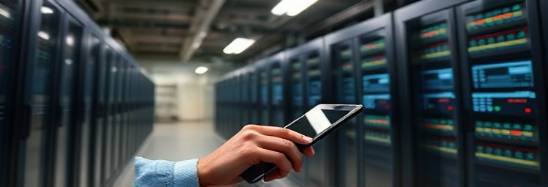 expert site, innovative, developing web platforms, photorealistic, tech lab filled with servers and equipment, highly detailed, hands on a tablet, fast aperture lens, muted palette, directional lighting, shot with a portrait lens.