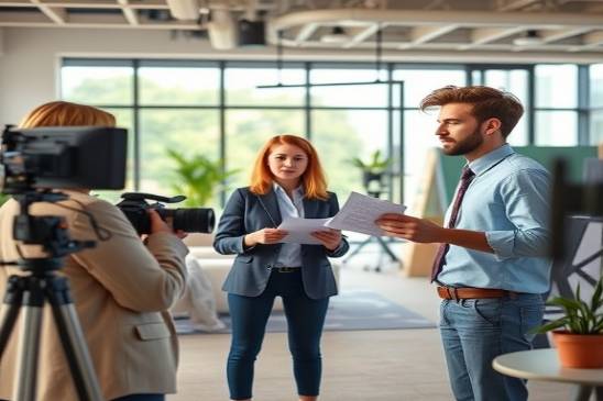 specialist media, animated, discussing trends with a colleague, photorealistic, open-plan office with contemporary decor, highly detailed, lively gestures, wide lens, bright pastel, diffused morning light, shot with a standard lens.