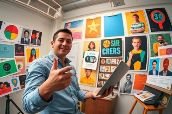 expert media, inspired, refining content strategy, photorealistic, creative studio with mood boards and colorful posters, highly detailed, brainstorming pose, fish-eye lens, colorful saturation, soft fill light, shot with a macro lens.