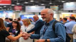 media specialist, enthusiastic, networking at a convention, photorealistic, crowded conference hall with booths and banners, highly detailed, shaking hands, tele lens, vibrant spectrum, spotlight on faces, shot with a portrait lens.
