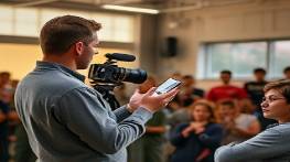 consultant media, calm, leading a workshop, photorealistic, educational center with eager participants, highly detailed, instructional gestures, cine lens, natural earthy tones, ample daylight, shot with a wide-angle lens.