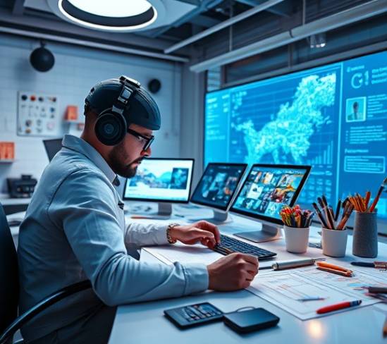site guru, imaginative, visualizing new templates, photorealistic, futuristic workspace with digital drawing pads, highly detailed, sketching with stylus, tilt-shift lens, abstract pastels, halo backlight, shot with a cine lens.