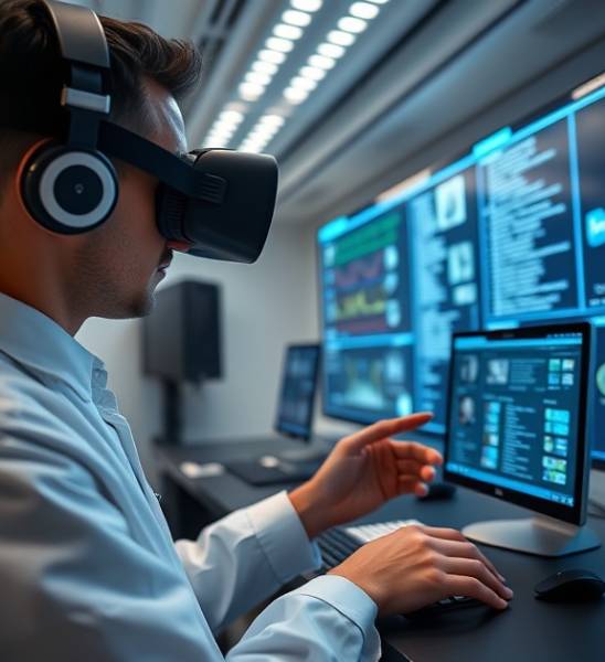 specialist site, precise, optimizing user experience, photorealistic, user experience lab with VR setups, highly detailed, interactive interfaces, prime wide-angle lens, crisp high contrast, simulated sidelighting, shot with a macro lens.
